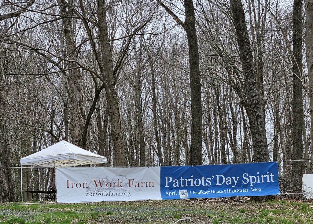 Large blue and white Iron Work Farm/Patriot’s Day Spirit sign