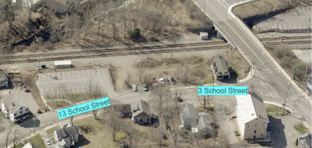 Aerial photo of School Street with 3 and 13 School street labeled.