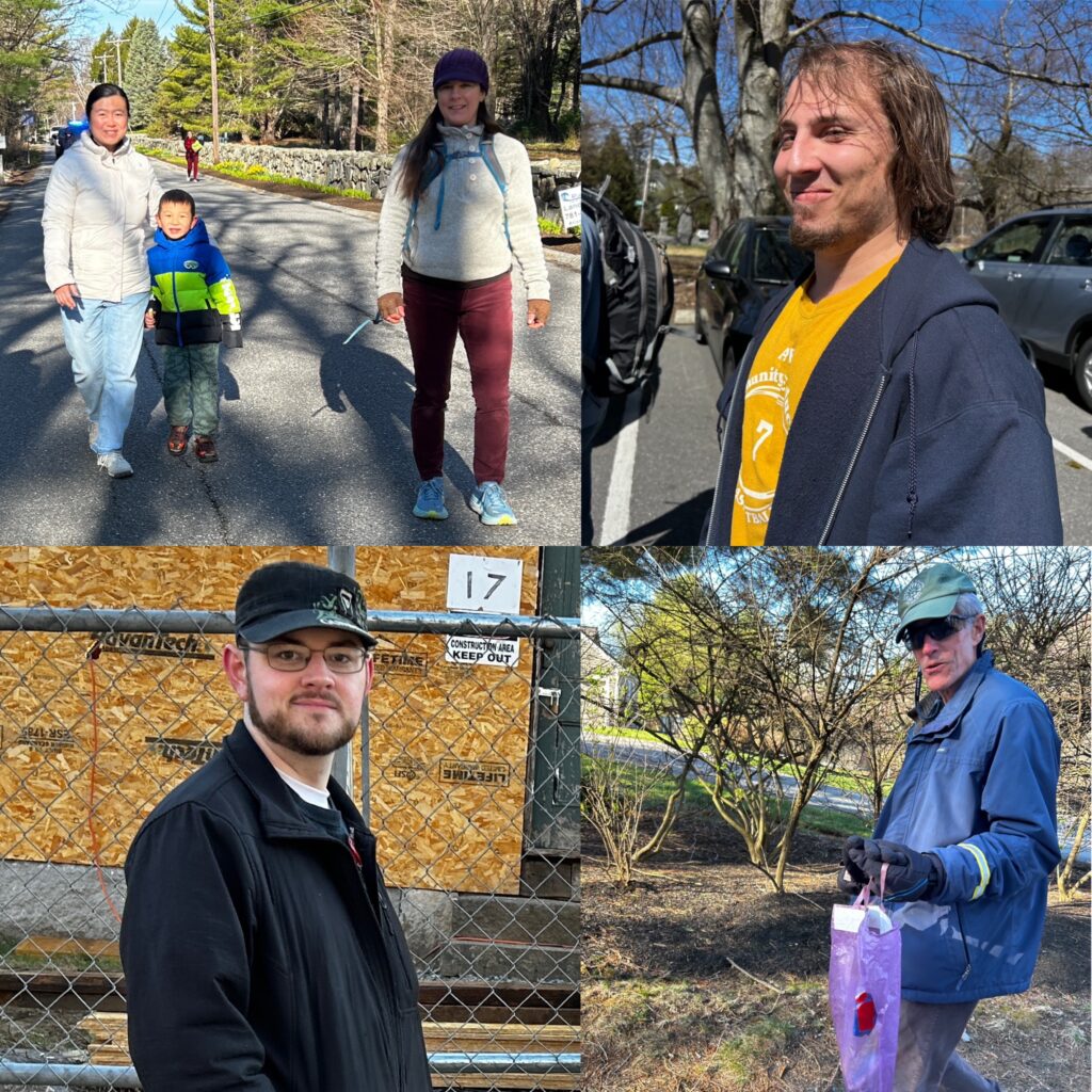 Clockwise from top: Two women and a young boy walk down the road, a youngish man in an AB Community Ed t-shirt, a man in a baseball cap and blue jacket carries a bag for trash, another youngish man with a baseball cap and black jacket.