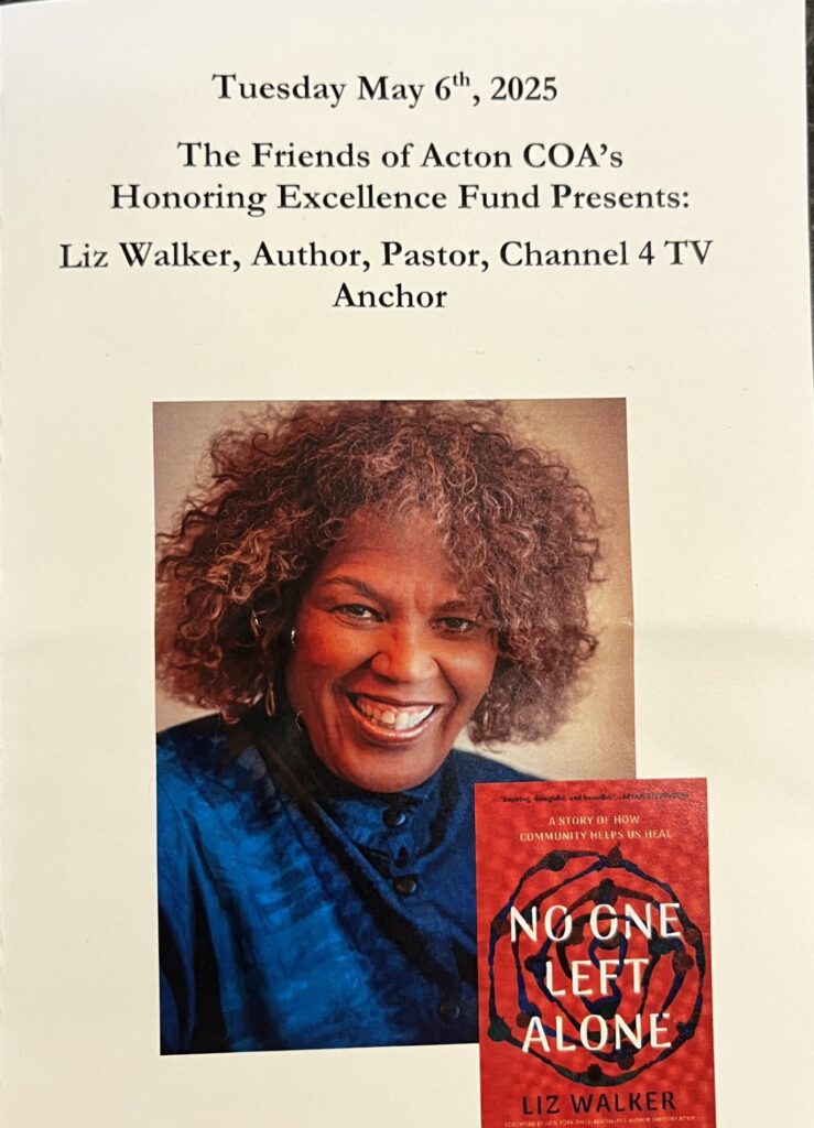 A picture of a poster with a picture of a smiling Black woman and a picture of her book, No One Left Alone.