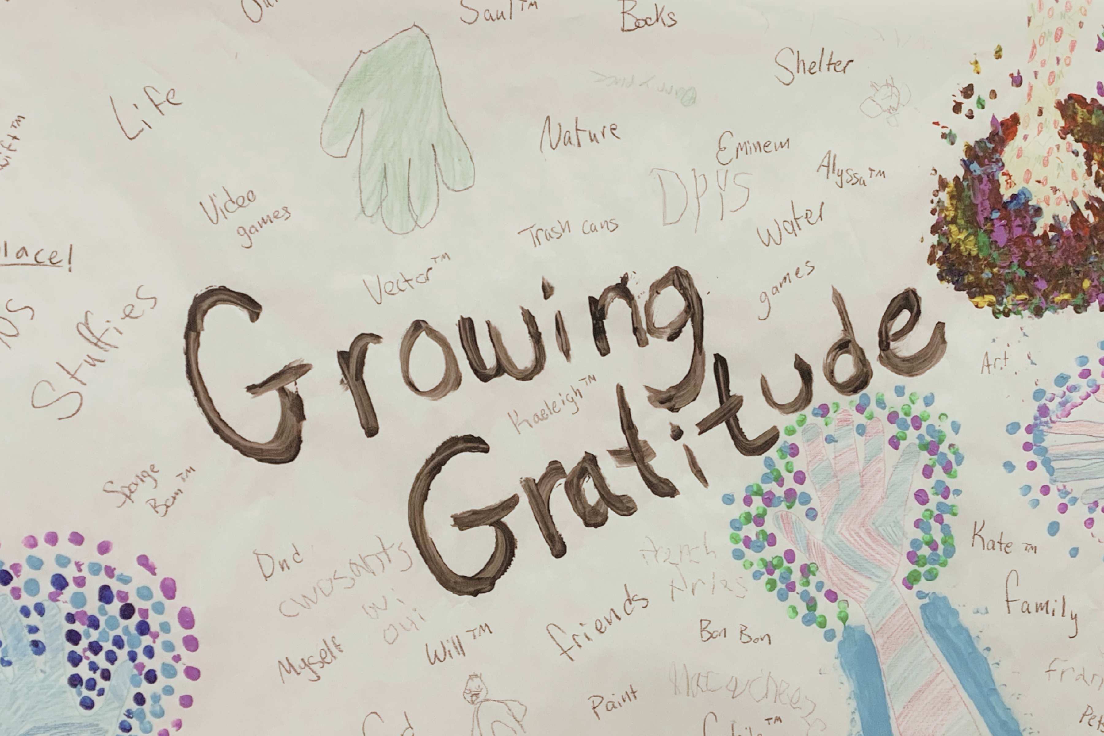 A hand painted poster that says "Growing Gratitude" in large letters. Paintings of hands are included along with a very wide variety words that express what the kids are grateful for. Words include, friends, family, water, Alyssa, cwusamts (sic), stuffies, and nature.
