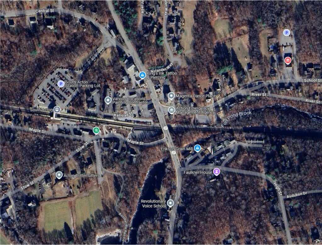 A photo of South Acton Village from the air with various locations highlighted (Faulkner House, the South Acton Train Station, and others).
