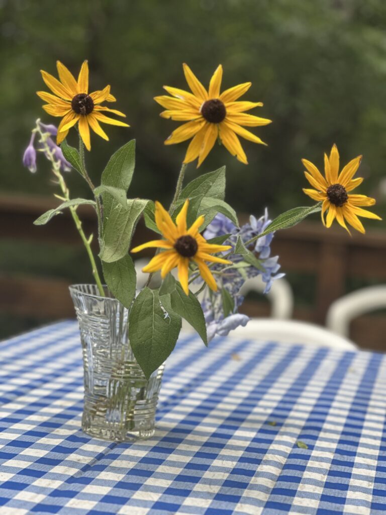 A few flowers in a glass vase on a blue checked tablecloth.