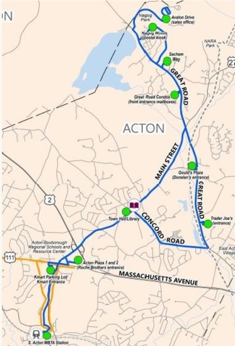 A map of the CAT bus route that runs between Avalon Drive and the South Acton commuter rail station.