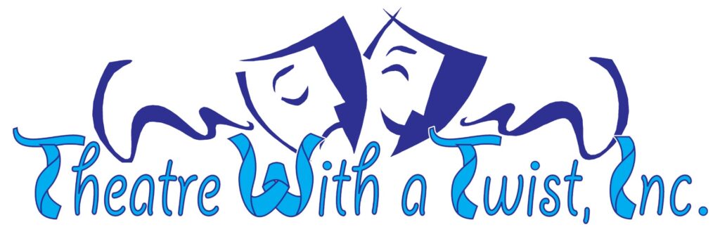 Light blue text that says Theatre With a Twist, Inc. along with a pair of stylized drama masks in dark blue. All of the capital letters look like twisted ribbon.