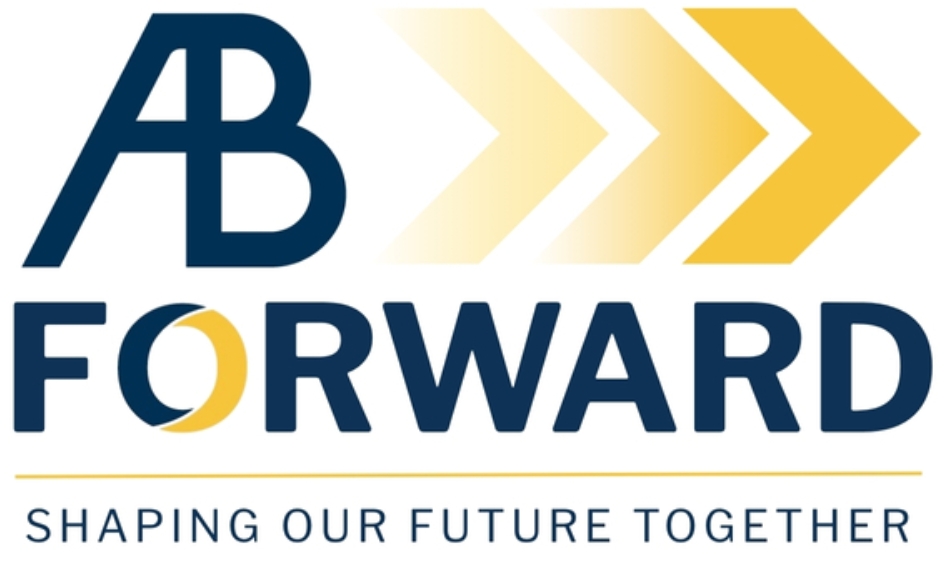 A blue and yello sign that says, " AB FORWARD: Shaping our future together."