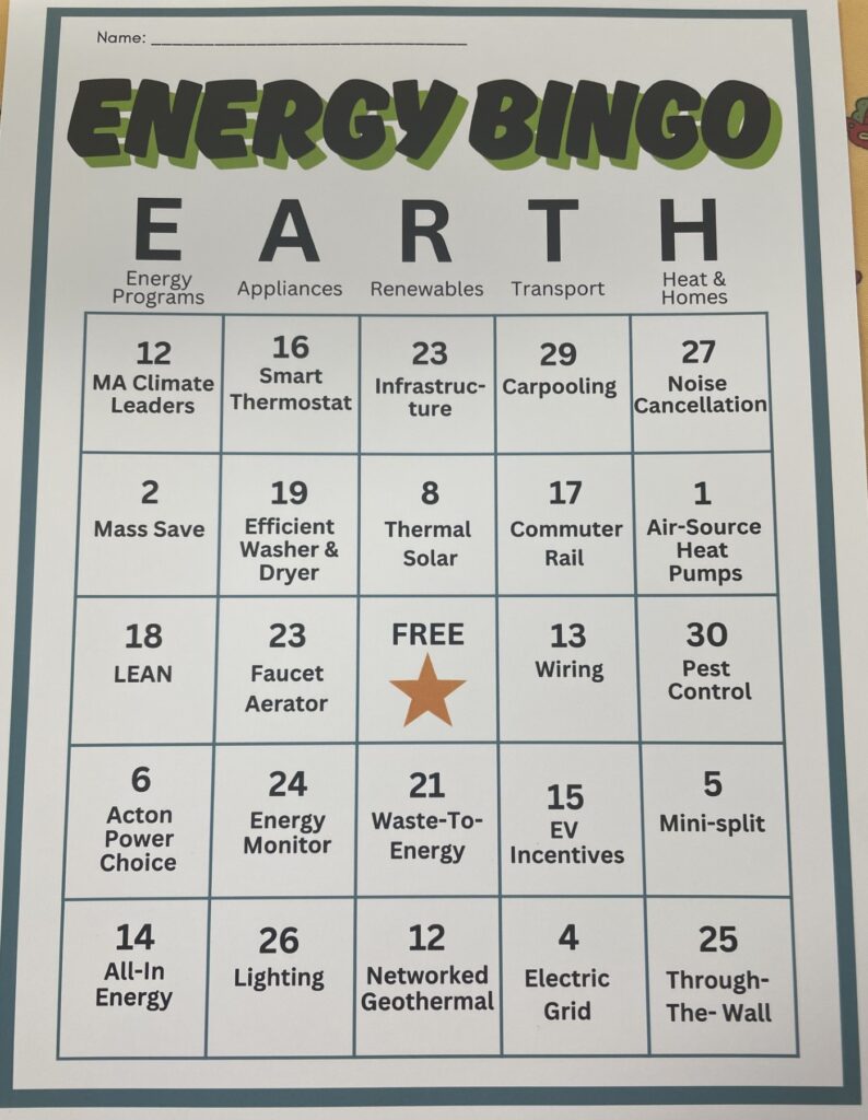 An Energy Bingo card with squares that say, for example, "EV Incentives", Mini-split", "Acton Power Choice," and "Smart Thermostat."