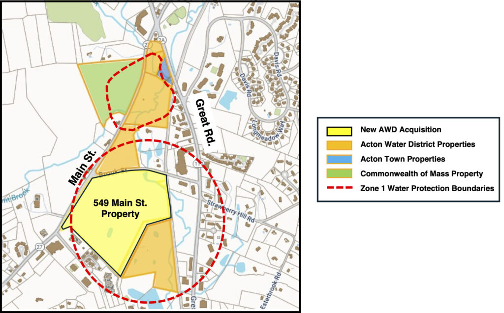 A map that shows the various parcels of land that are owned by the Acton Water District, the Town of Acton, or the Commonwealth of MA. In the middle of the map is a large yellow section that is the newly acquired 549 Main Street property.