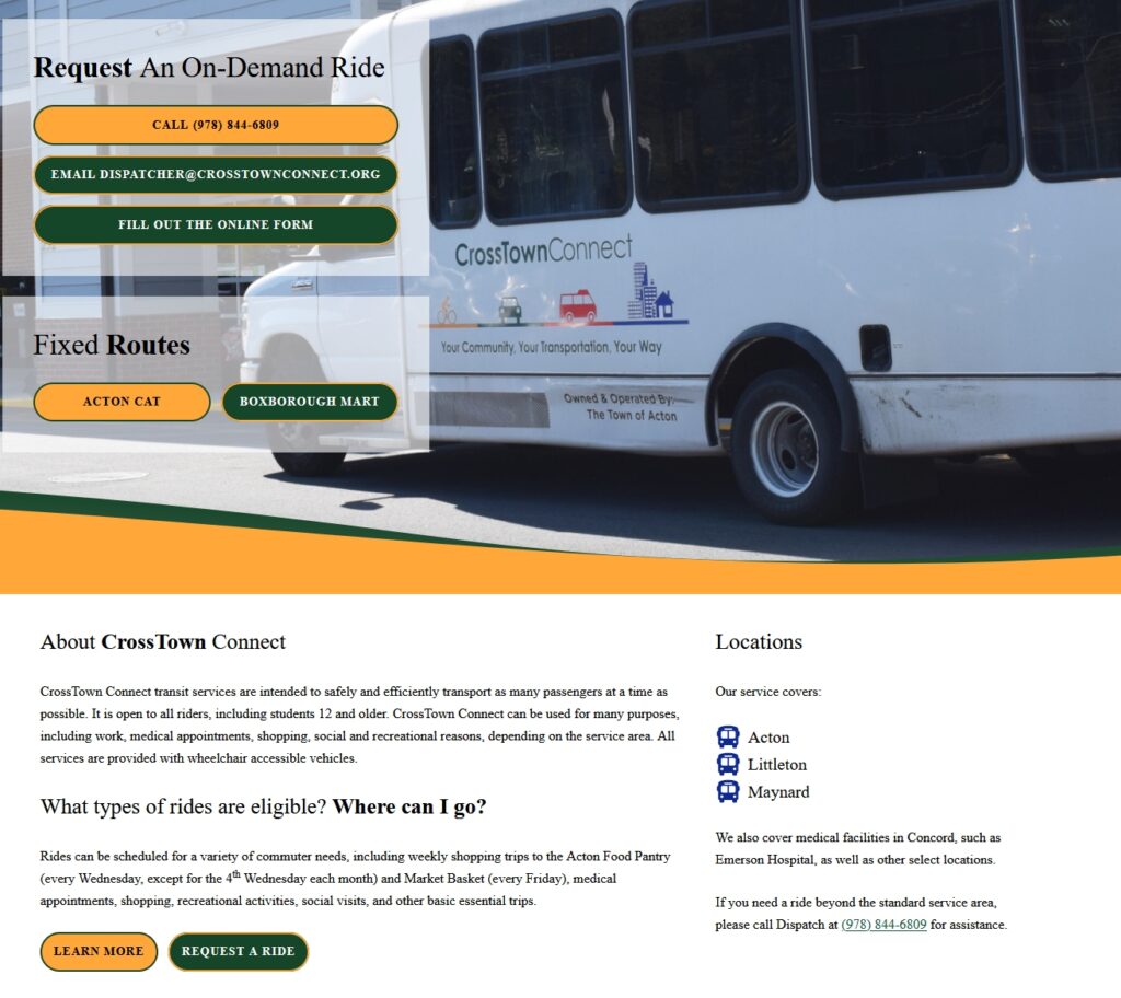 Updated website for CrossTown Connect, including an image of the CrossTown Connect bus and information about accessing a ride.
