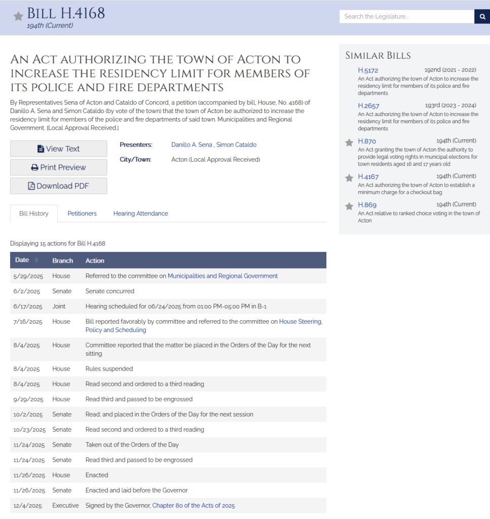 The MA legislative website page for Bill H4168 that shows the 15 steps required from referring the bill to committee to the bill being signed by the Governor.