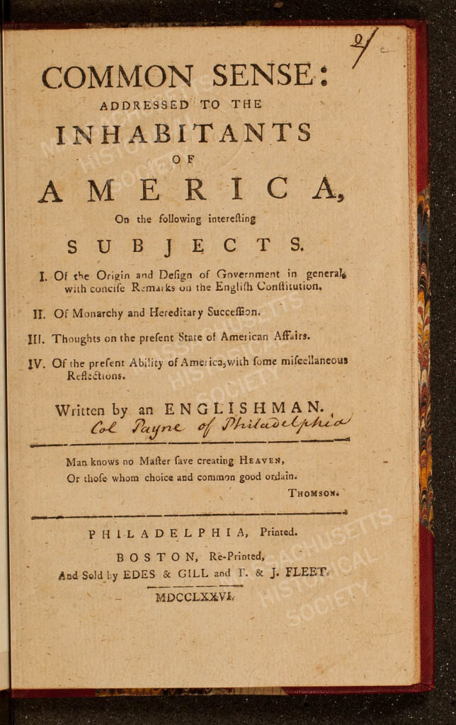 A photo of the frontispiece of "Common Sense: Addressed to the Inhabitents of America." This copy was printed in Boston in 1776.