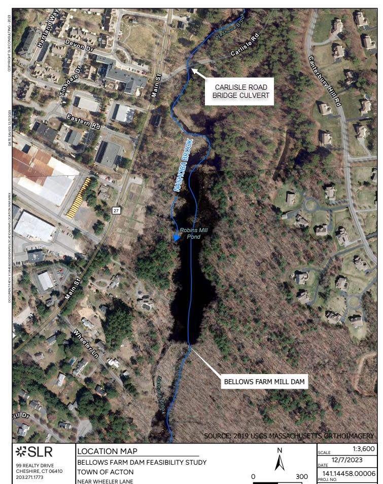 An aerial view of Main Street by Carlisle Road. Nashoba Brook and the Carlisle Road Bridge Culvert are highlighted.