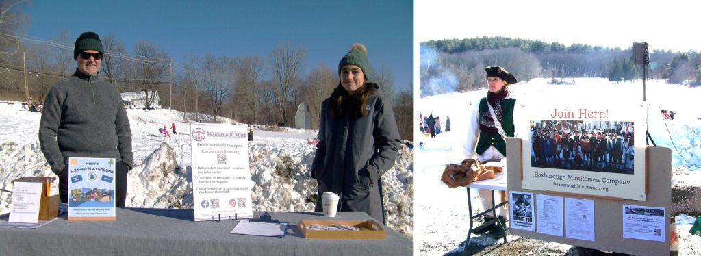 Composite photo: On the left two people stand at a table with signs for the Boxborough News and Flerra Summer Playground. On the right, a woman in Colonial garb stands by a Boxborough Minutemen recruitement poster.