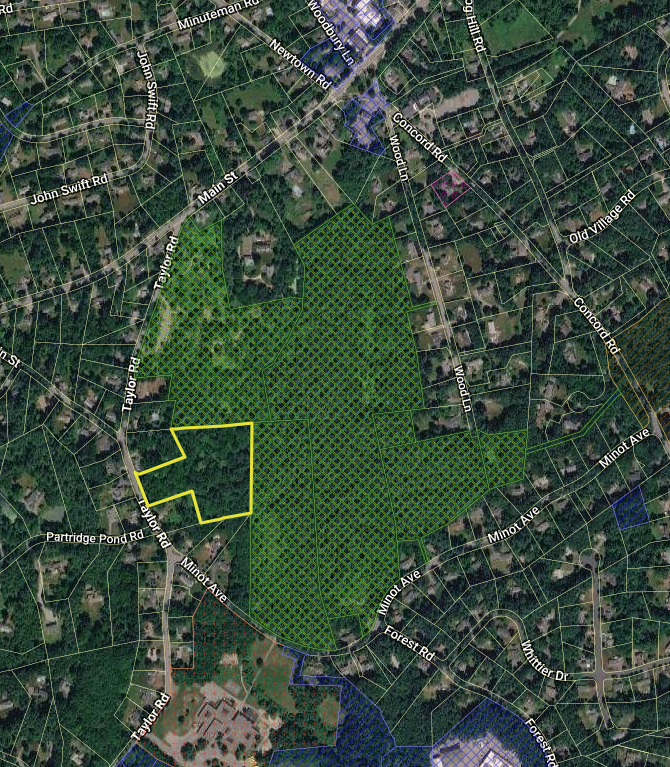 An aerial view of the Acton Arboretum and surrounding area. The arboretum has green hash tags and 46 Taylor Road is outlined in yellow.