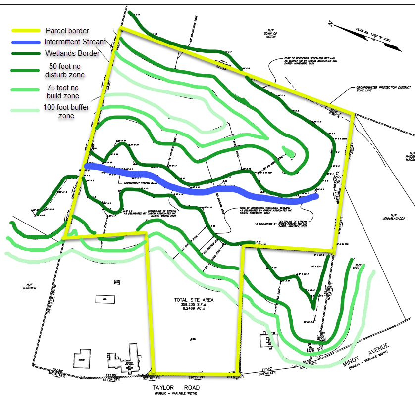 A closer view of the 46 Taylor parcel that shous the intermittent stream and three levels of no build zones in various shades of green. This map shows that there is only one buildable area that faces Taylor Road.