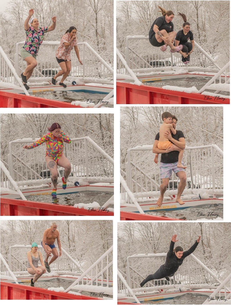 Six photos of people jumping into the plunge tank wearing everything rom swimsuits to full wetsuit and displaying different techniques for getting into the pool.