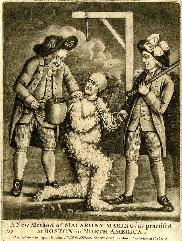A cartoon that shows two Boston patriots helding down a man who is on one knee and covered with feathers (and presumably, tar). One of the Bostonians is holding what looks like a large teapot. The text accompanying the cartoon says "A new method of MACARONY [sic] MAKING as practiced at BOSTIN in NORTH AMERICA.