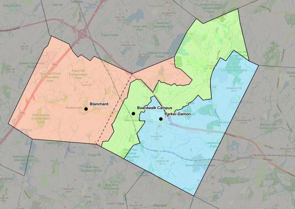 a map with colored areas marking school transportation zones