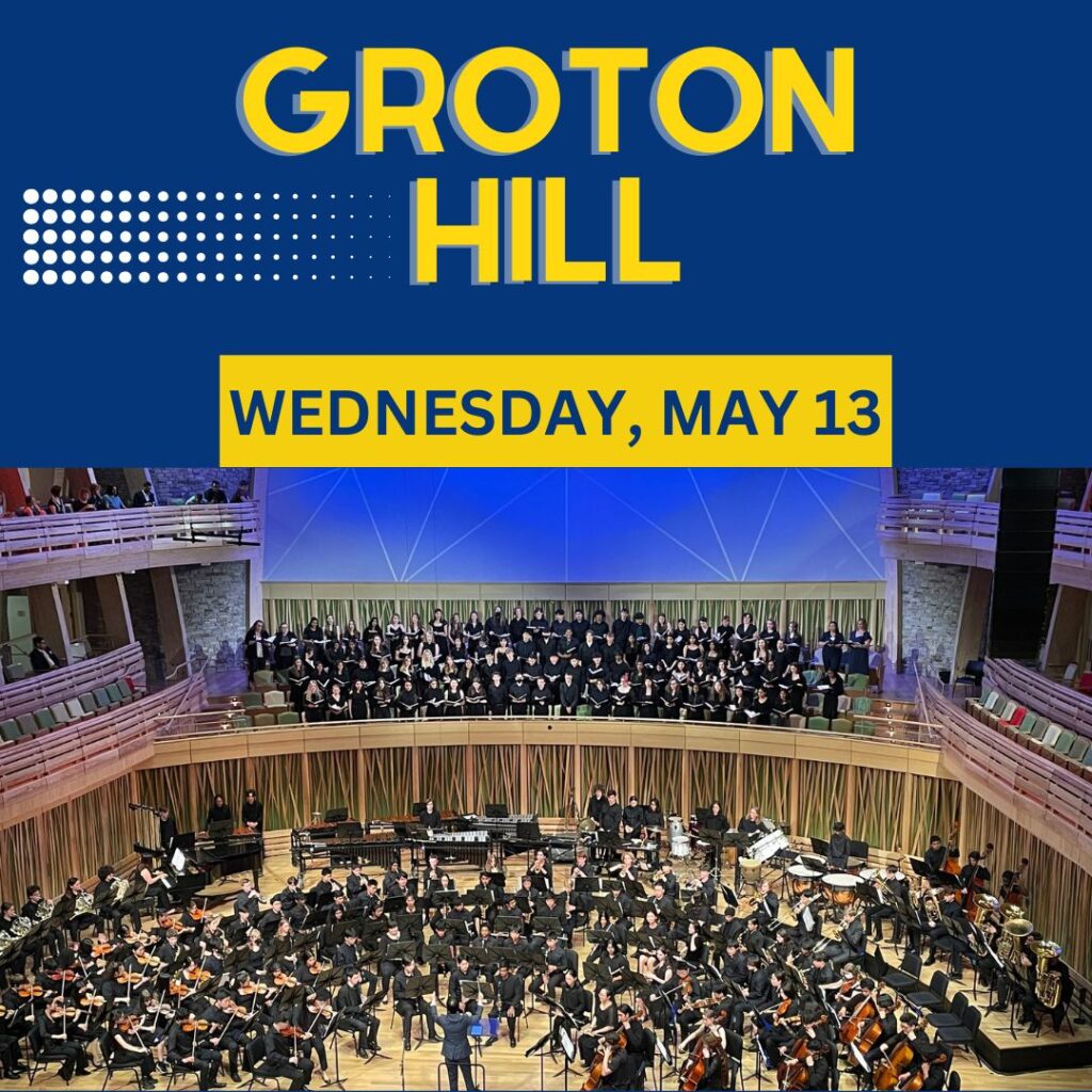 The stage and balcony at Groton Hill music. The bottom area has a full orchestra, and the balcony is full of singers. Everyone is dressed in black. At the top of the image, large print says " Groton Hill, Wednesday May 13."