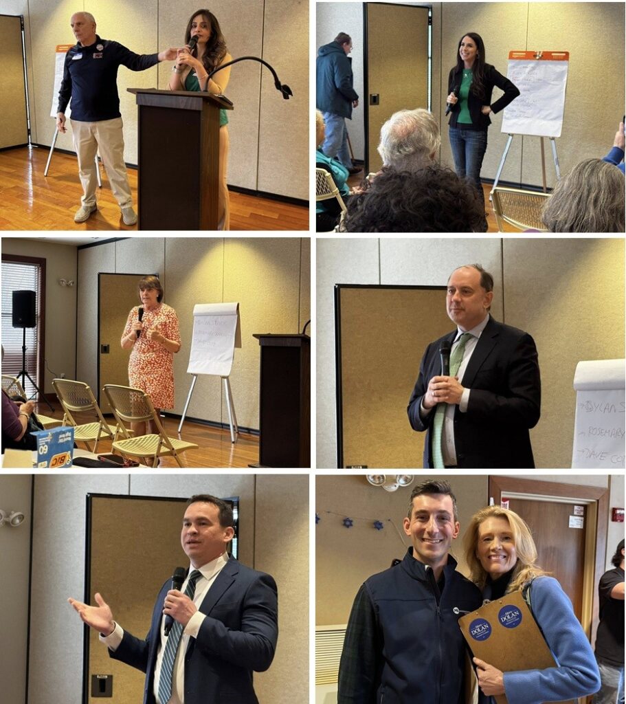 A composite of several people standing in front of the audience speaking. The excpetion is a photo of a smiling man and a womin in a selfie pose.