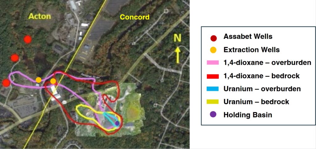 An annotated map that shows where various wells are, along with plume profiles for 1,4-dioxane and uranium.
