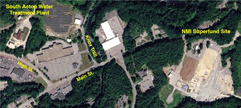 An annoted map showing the area where High Street and Knox Trail run into Main Street (Rt 62). The Water Treatment Plan is off of High Street, and the NMI superfund site is down the road from Knox Trail.