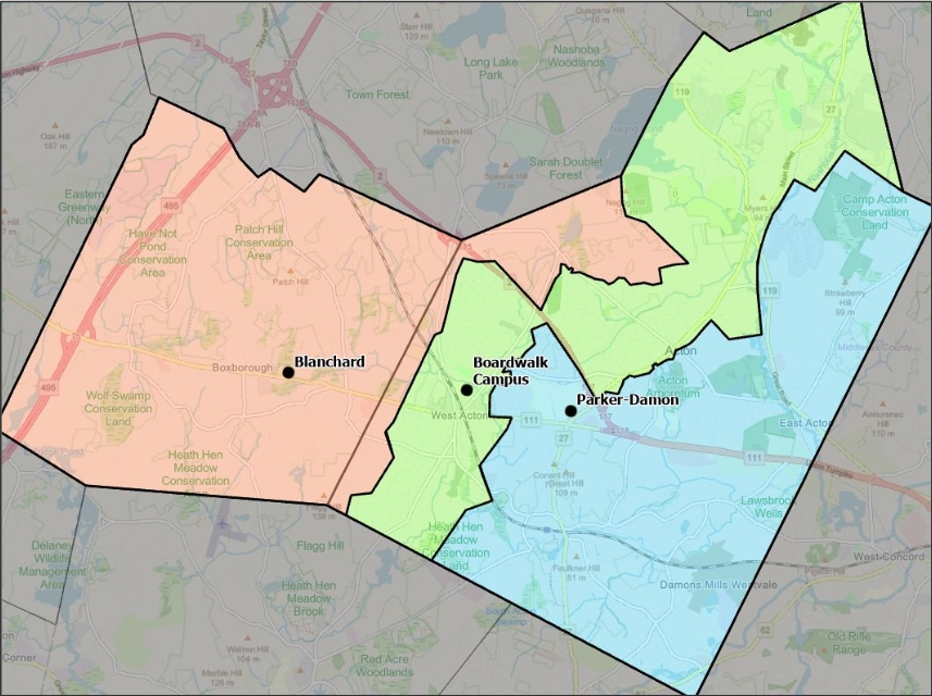 A map of Acton divided into three zones that represent the three school buildings (Blanchard, Parker-Damon, and the Boardwalk Campus).