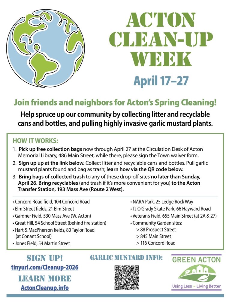 A poster for Acton Cleanup Week (April 17 - 27). You can sign up and get more information at tunyurll.com/Cleanup-2026/