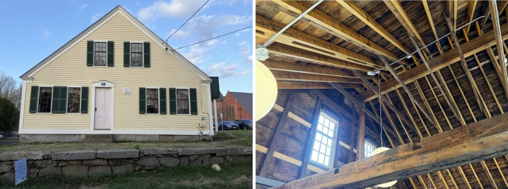 A composite photo. On the left, a yellow house with black shutters and white trim. To the right of the front door, a small plaque reads: Asaph Parlin c1860. On the right the interior of the house, where the original framing is still visible.