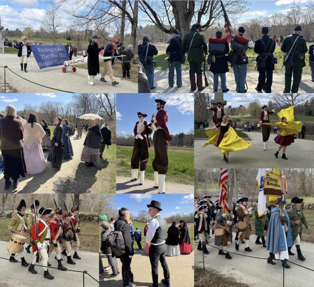 A composite of nine photos of people who were marching to the North Bridge. Photos include two people on stilts (but with Colonial dress), two women wearing swirling yellow capes, and some people with an oversized needle labeled "Polio" on wheels and carrying a sign that says "Ending Polio: The shot FELT round the world."