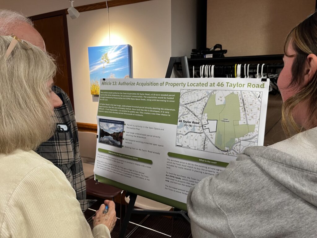 Three people look at a poster labeled "Article 13: Authorize Acquisitiion of Property Located at 46 Taylor Road." the poster contains a map and text about the article.