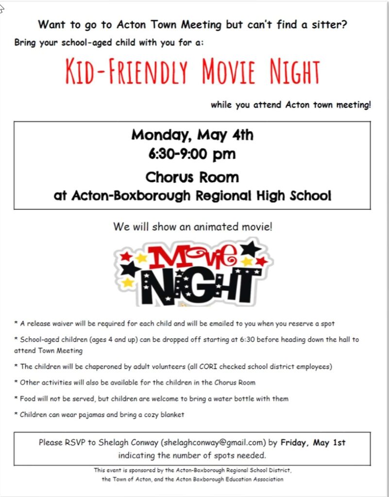 A flyer advertising movie night for kids during Town Meeting.