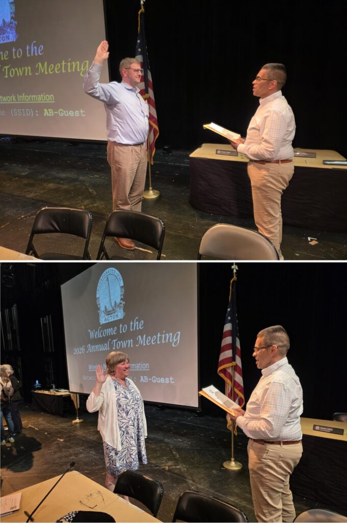Composite image: On the top, a tall man on the left raises his hand while another man reads the swearing-in text to him. On the bottom, a smiling woman listens while a man swears her in.