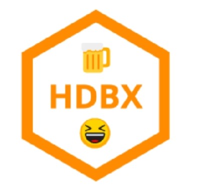 An orange hexagon with a beer mug emoji at the top, a laughing emoji at the bottom, and the letters HDBX in the middle.