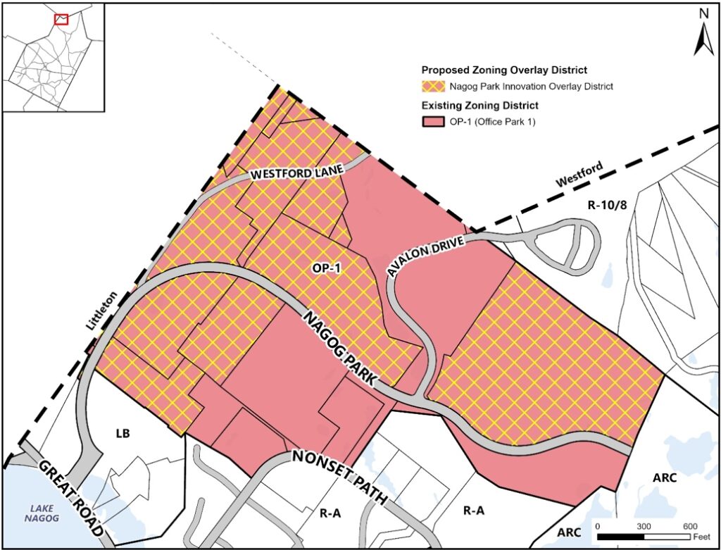 A map showing the existing Nagog Park district with the proposed overlay that provides both opportunities and restrictions on new buildings.