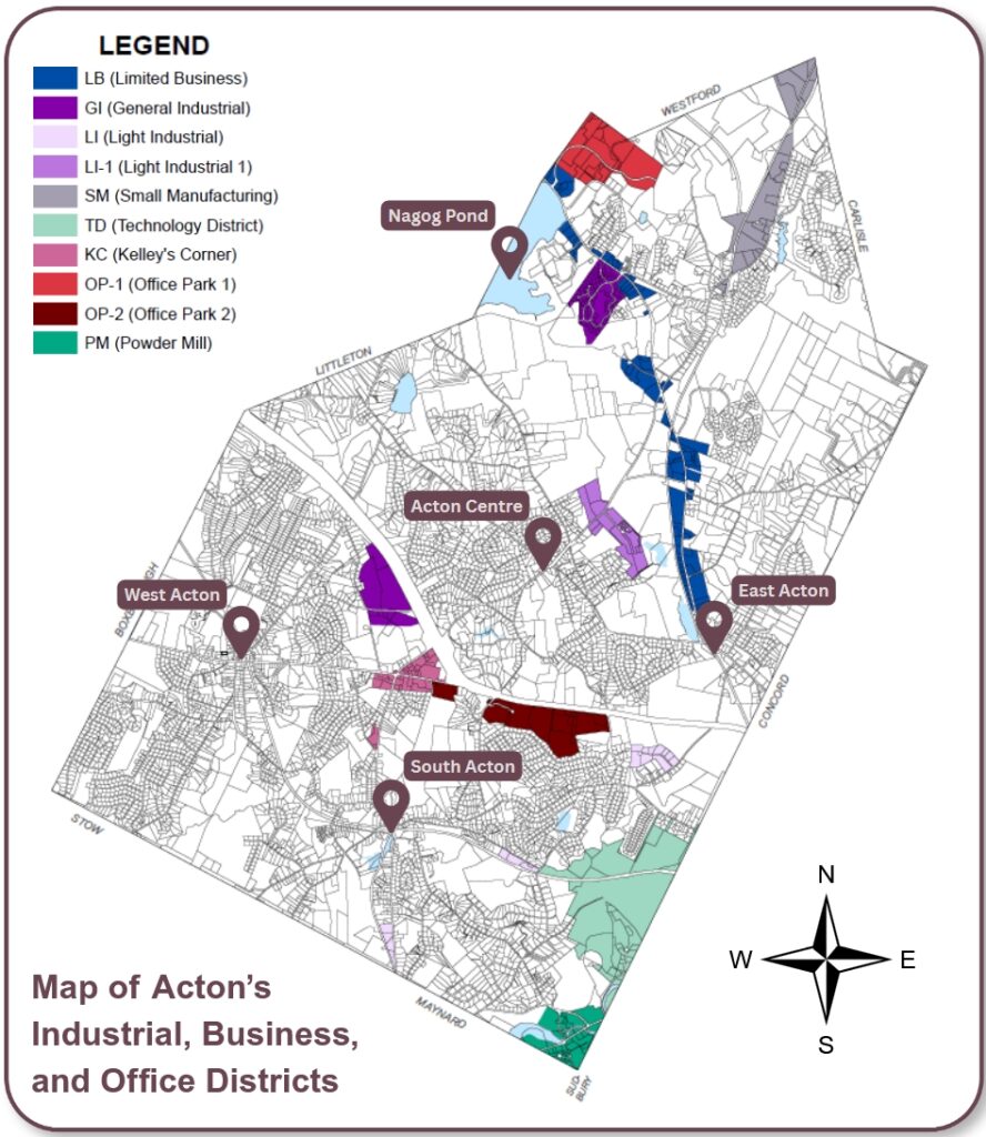 A map of Acton with areas highlighted for Limited Business, Light Industrial, Office Parks, and more.