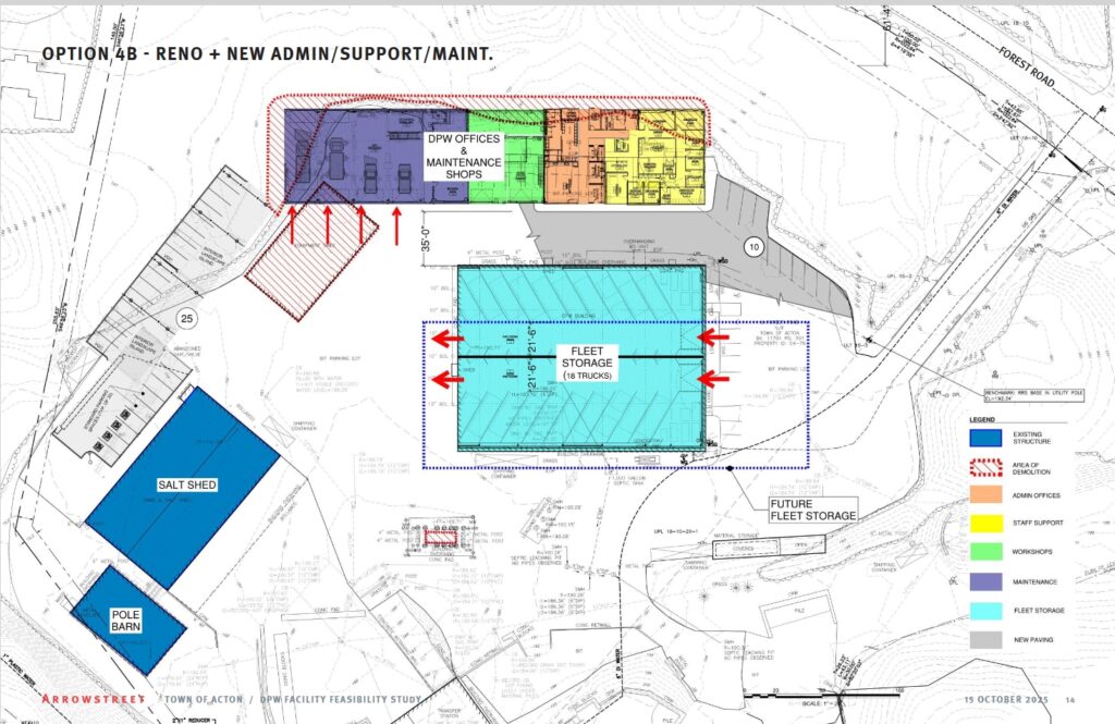 A drawing that shows the exisiting DPW buildings as well as a new building which will house DPW offices and maintenance shops.