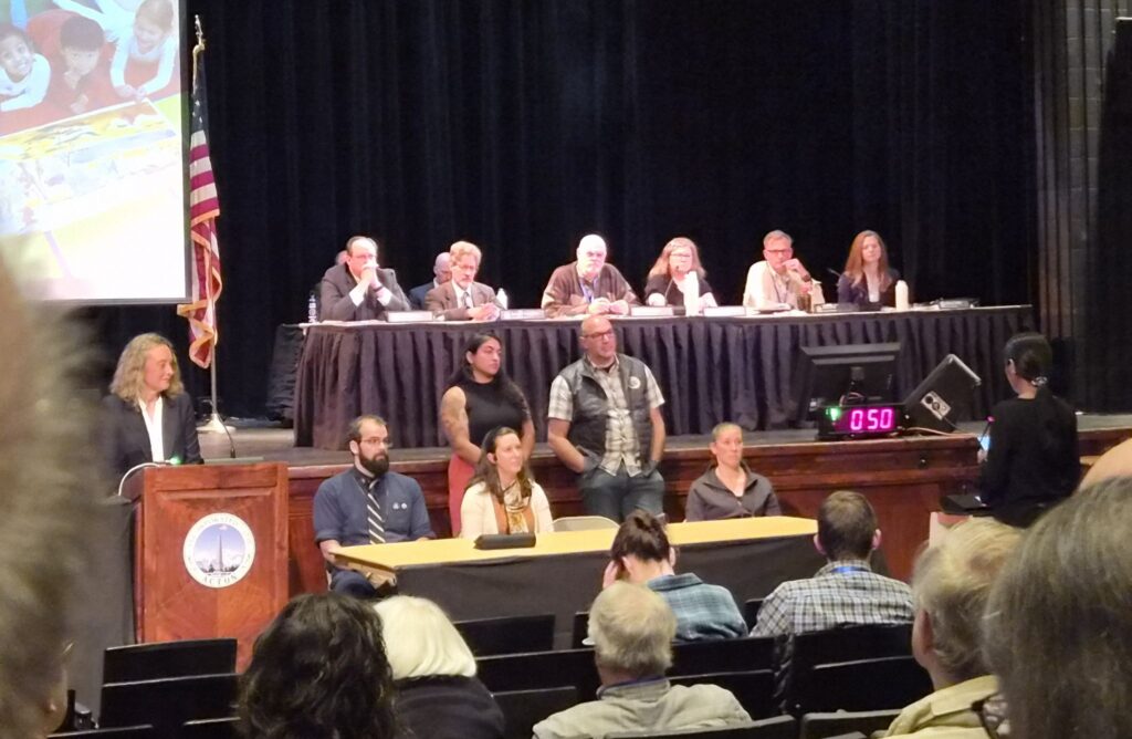 Five members of the ABRSD sit and stand at a table in front of the stage. A woman with curly hair stands at the podium on the left, and the FinCom members are on stage at the back.