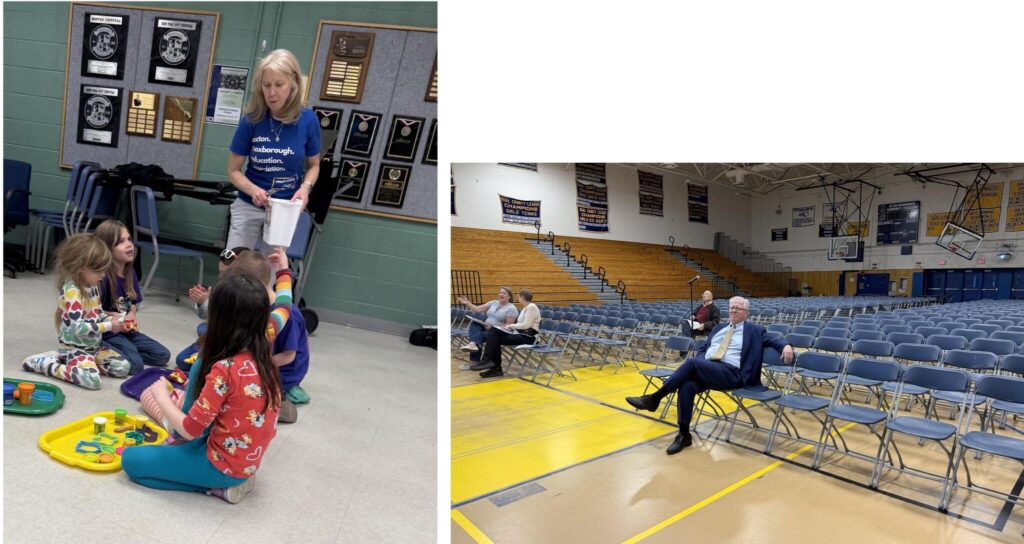 Composite picture. Left, a woman in a blue t-shirt talks to a group of girls who are playing with toys. Right, a man in a suit and tie sits in the front row of the gym (where chairs are set up for a crowd). Three other people are seated in the otherwise empty room.