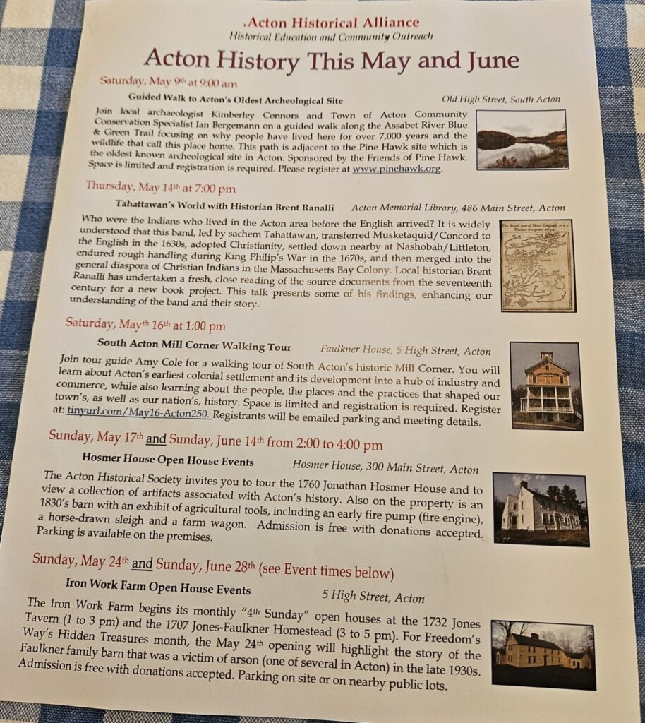 A sheet of paper with a number of dates for events that are run by one or more members of the new Acton Historical Alliance. The events are outlined in the article and described in detail in the Acton Exchange Calendar.
