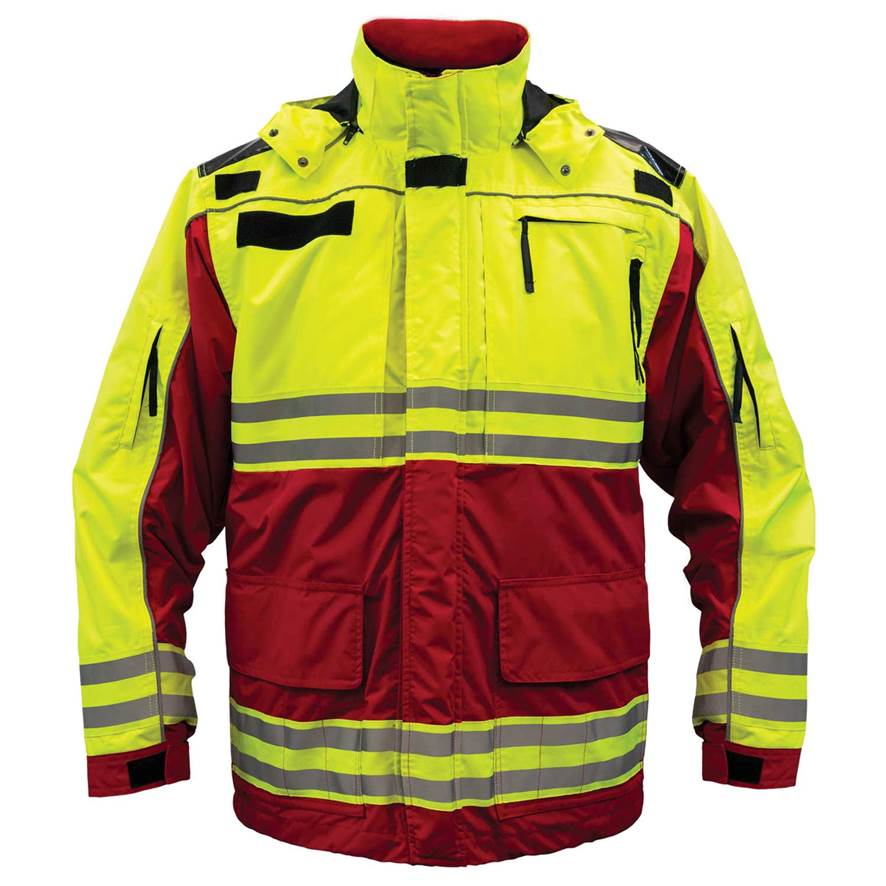 A bright yellow and red coat that is designed to protect and be seen.