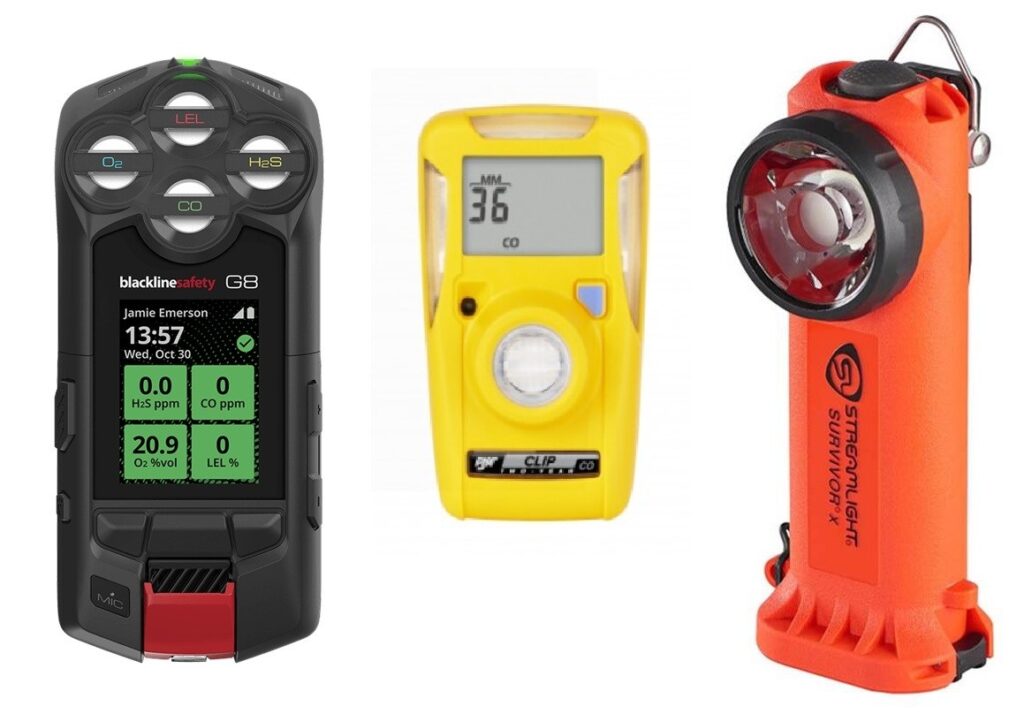 Three pieces of equipment used by firefighters: A balc 4-gas meter, a yellow carbon monoxide meter, and a bright orange industrial style flashlight.