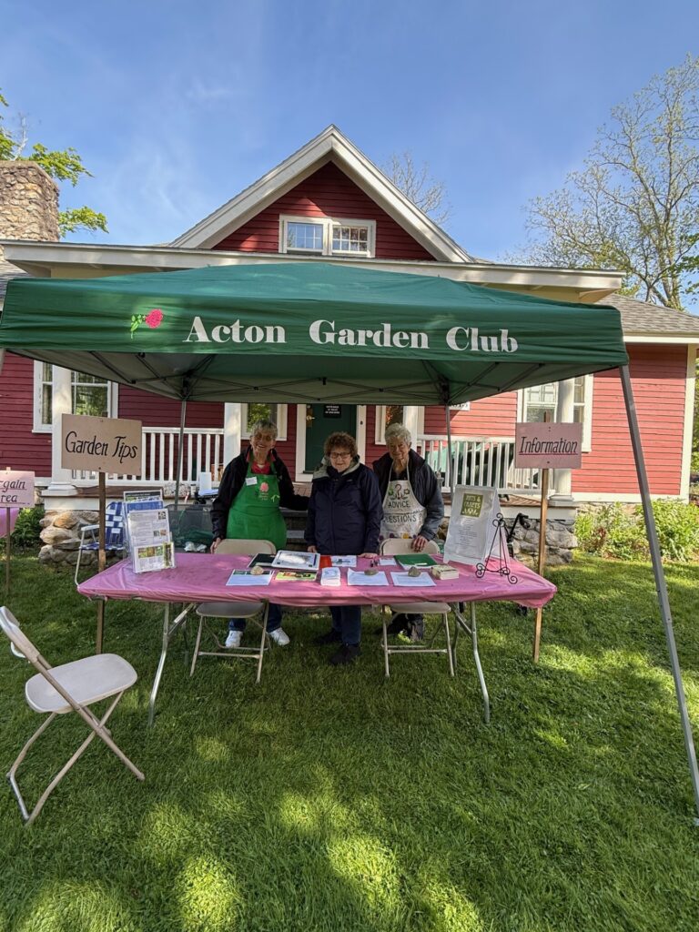 Three women stand under an Acton Garden Club table labelled Garden Tips. The table has stacks of information available for the taking.