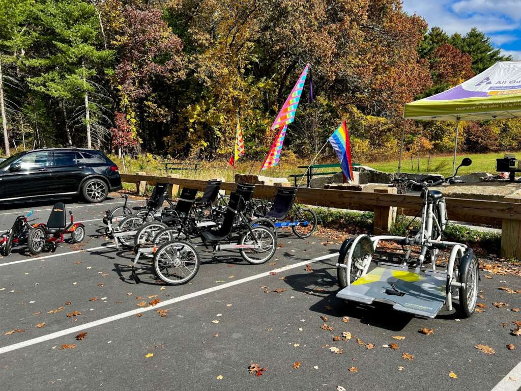 A parking lot with several different kinds of trikes, including hand cycles, low-riders, and an e-bike with a platform that allows a wheelchiar user to ride as a passenger.