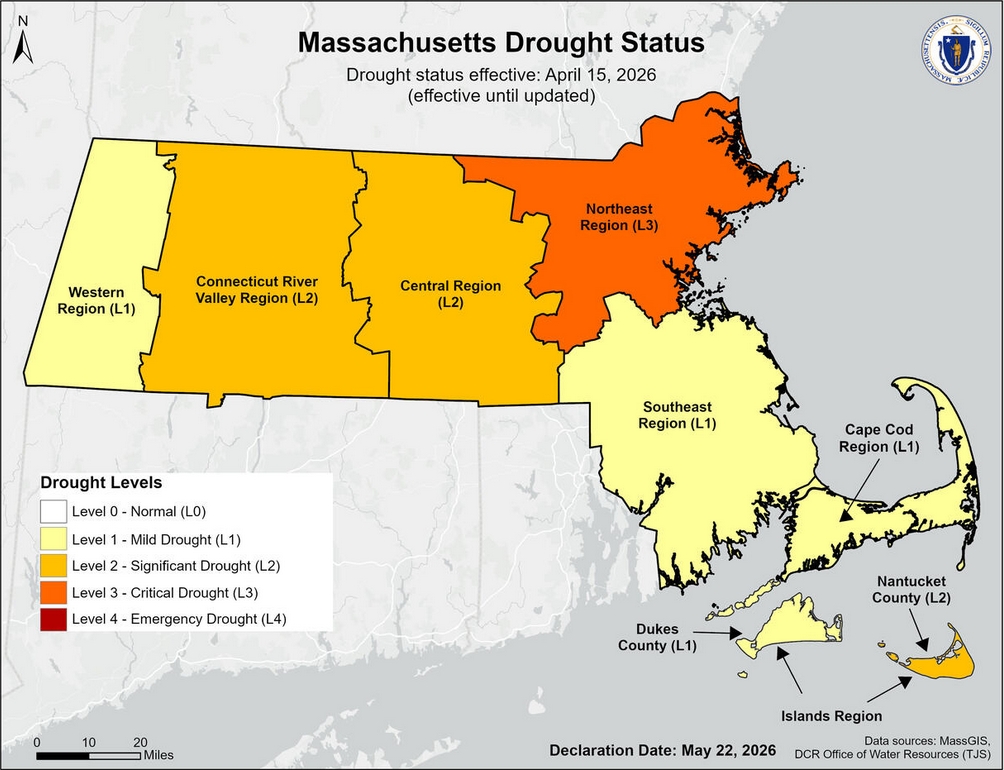 A Massachusetts map showing drought levels throughout the state. The Northeast Region is the only area that is bright orange (Level 3, critical), but the entire state is in some level of drought.