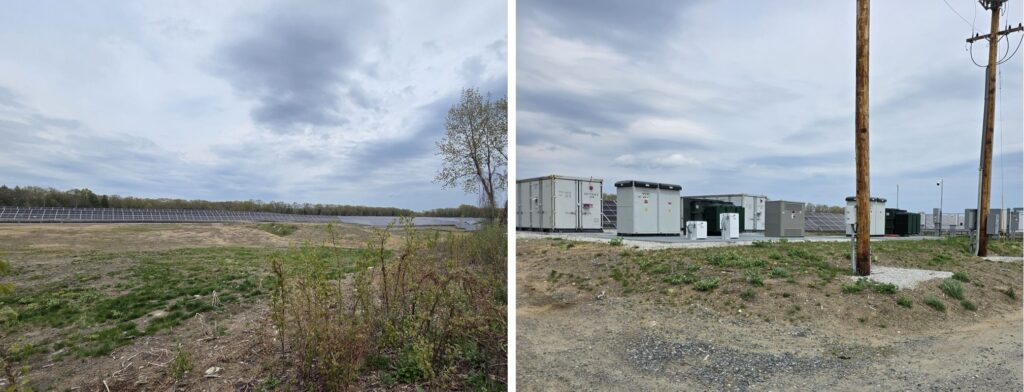 Composite photo. On the left, a solar array covers the ground off in the distance. On the right, a group of buildings on a concrete pad.