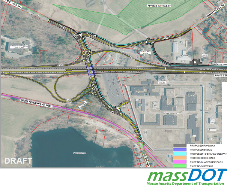 A map showing the Concord Rotary as a partial cloverleaf interchange where the left-hand entrances become part of the cloverleaf.