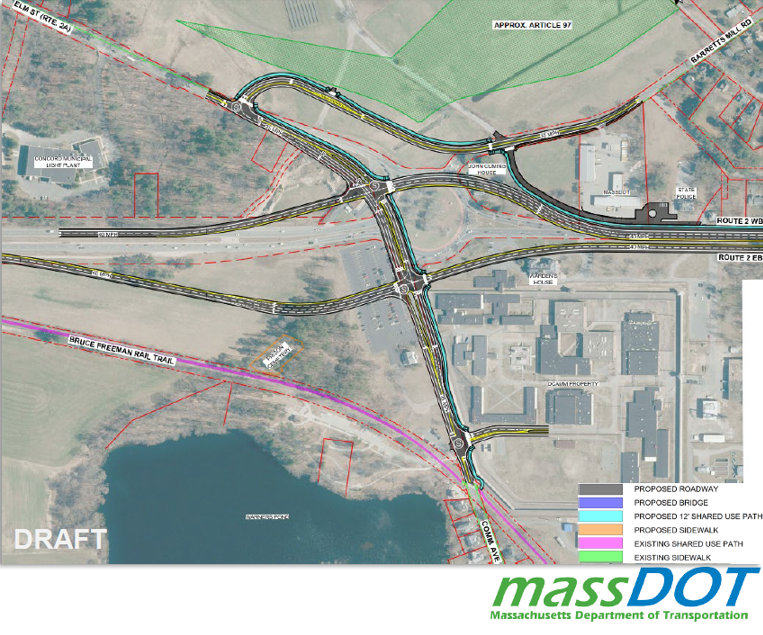 A map showing the Concord Rotary as a split intersection, where the inbound and outbound lanes are separated by a wide margin, but lights would be required.
