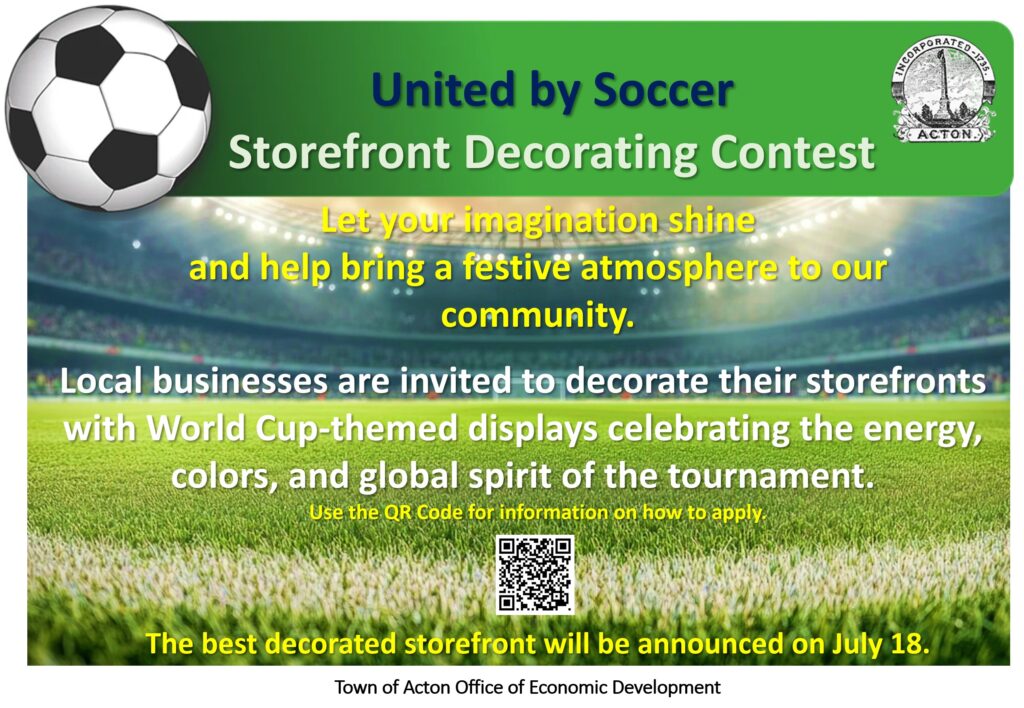 A flyer advertising the Acton storefront decoration contest with the theme "United by soccer."