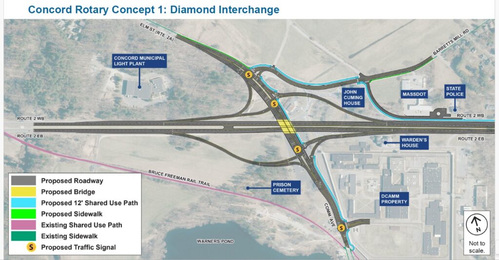 A map of the proposed reworking of the Concord Rotary area of MA Route 2 in the shape of a diamond.